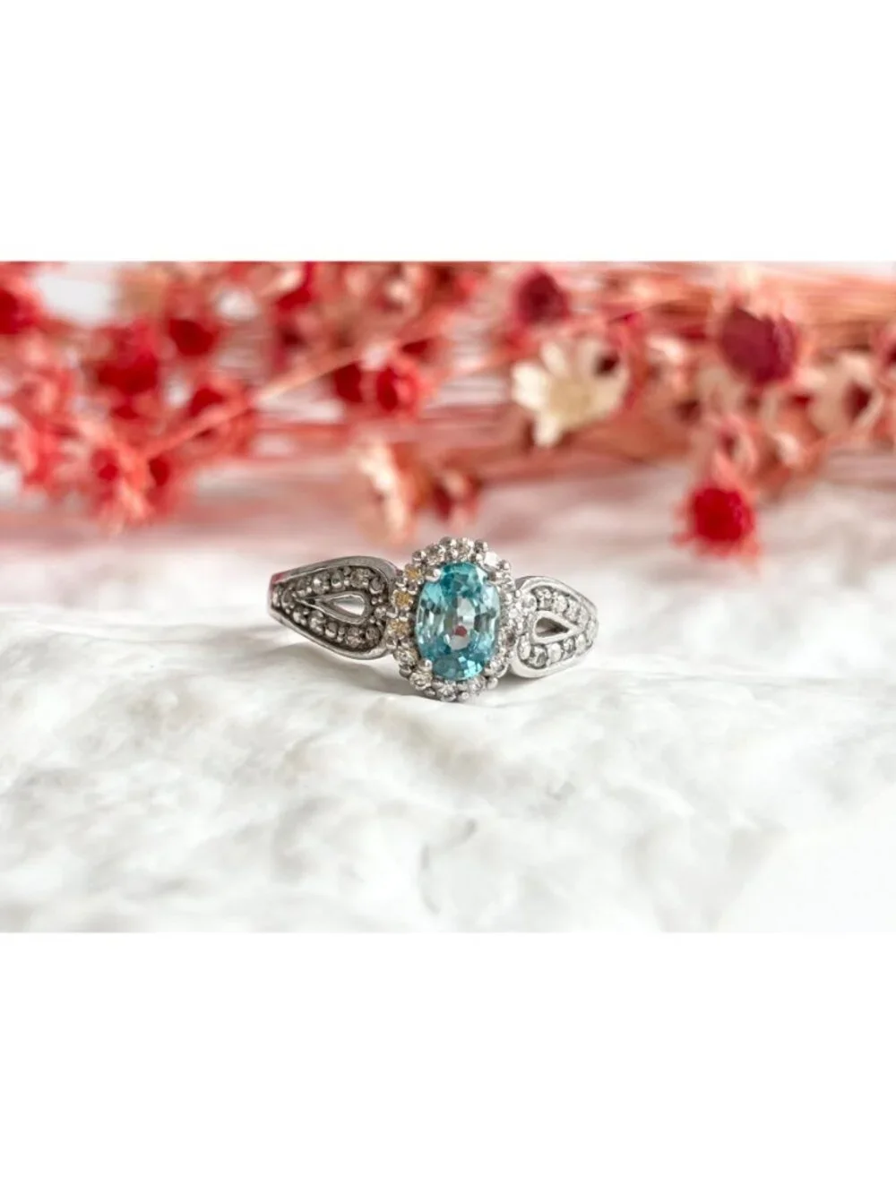 Blue Topaz Halo Style Multi Gemstone Sterling Silver 925 Vintage Ring - sz 8